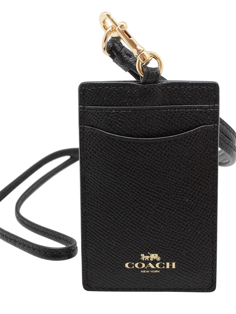 Coach Black Crossgrain Leather ID Lanyard with Gold Hardware